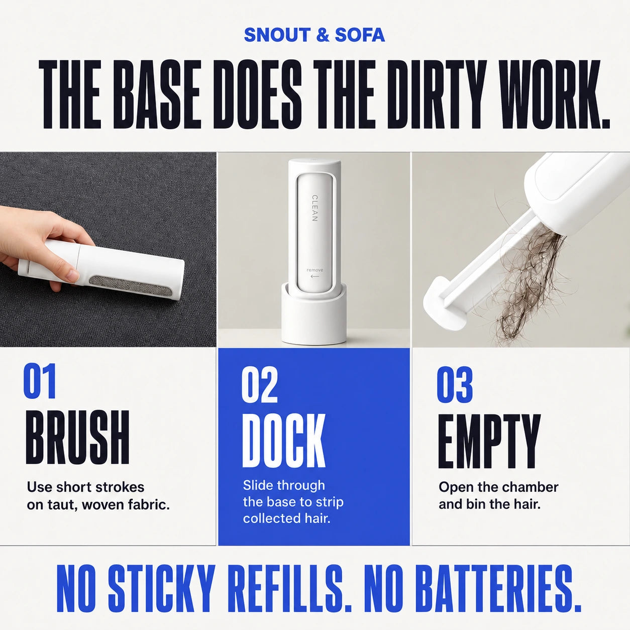 Three-step guide: brush, dock and empty the hair chamber