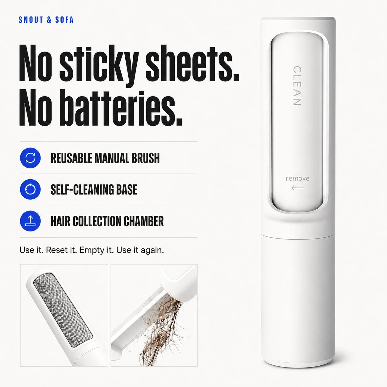 Reusable manual brush with self-cleaning base and hair collection chamber