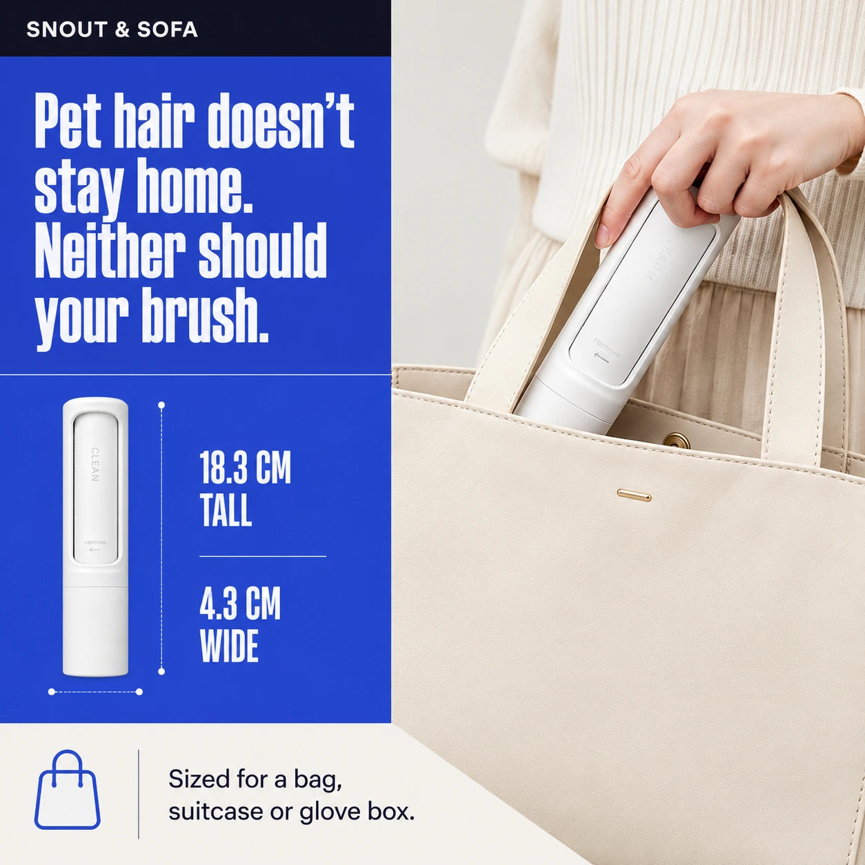 Portable brush dimensions: 18.3 centimetres tall and 4.3 centimetres wide