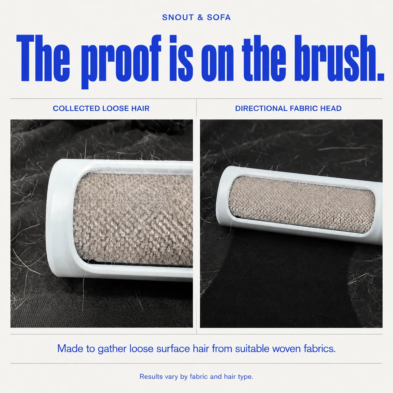 Close-up comparison of collected loose hair and the directional fabric brush head