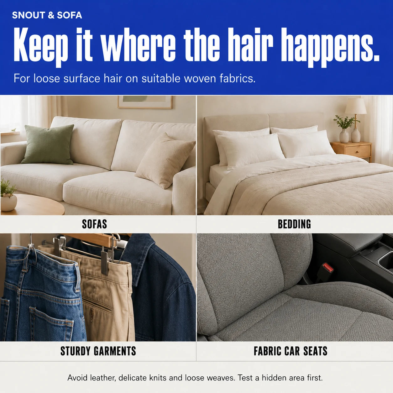 Surface guide showing the brush stored near a sofa, bed and car seat